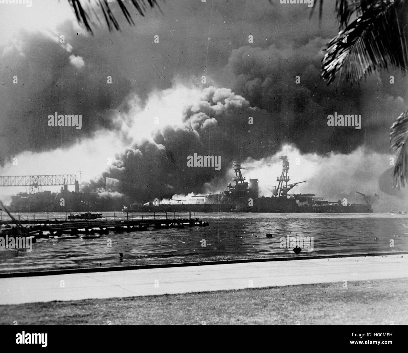 USS Nevada (BB-36) afire off Ford Island 1941 Stock Photo
