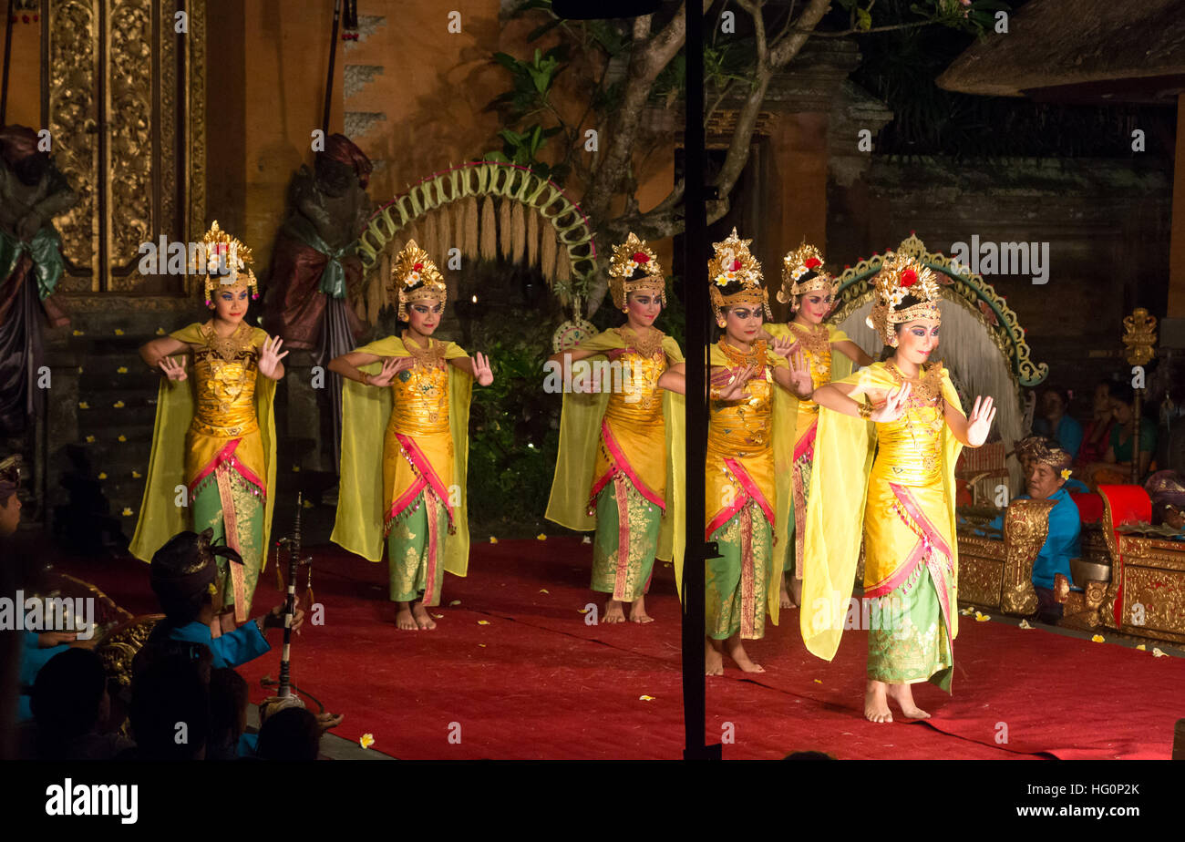 Ubud, Indonesia - July 01, 2015: Traditional dance Legong and Barong performed by professional actors in Ubud Palace Stock Photo