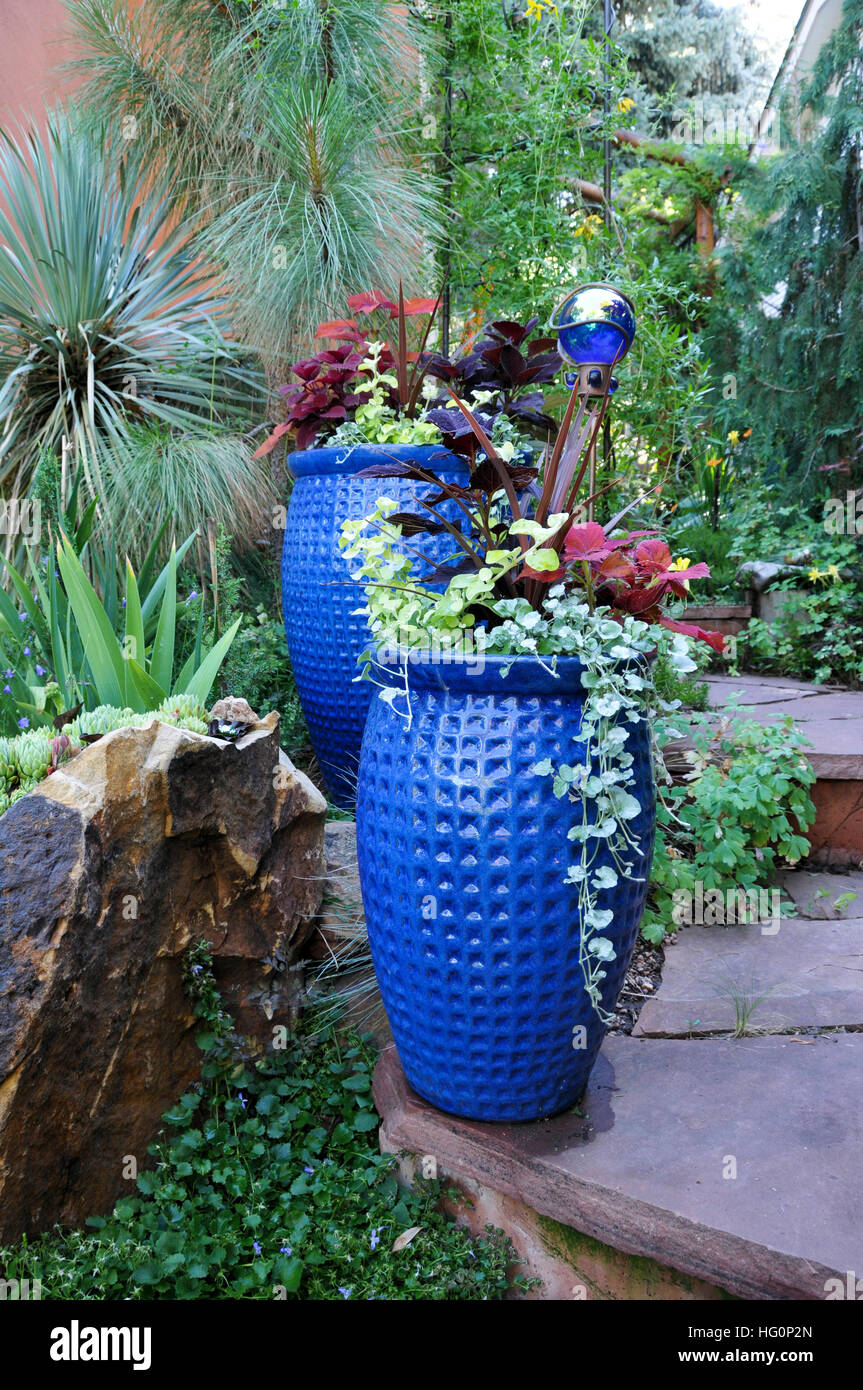 Blue garden vases with plant Stock Photo