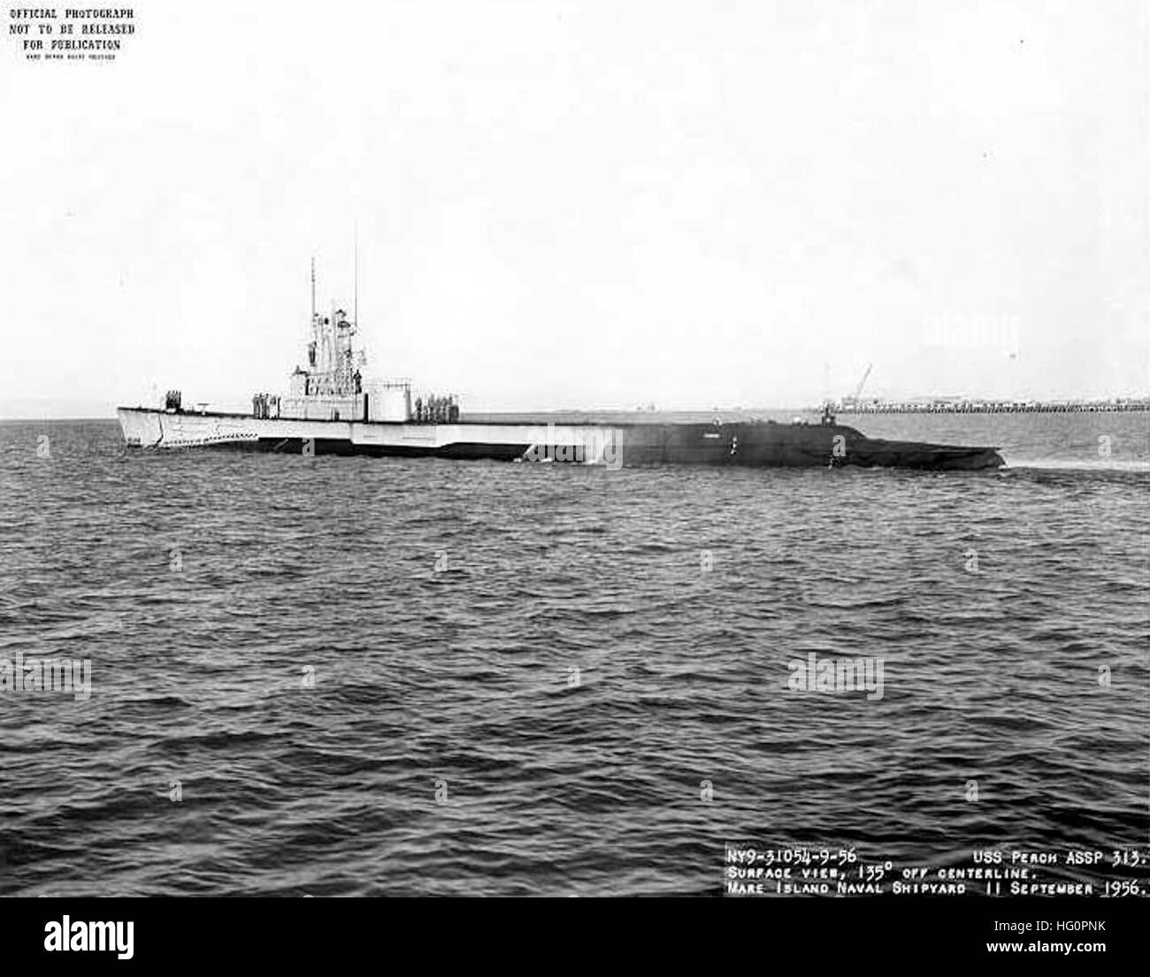 Sub Perch USS Perch, a submarine, is shown at dock highlighting its conning tower ...