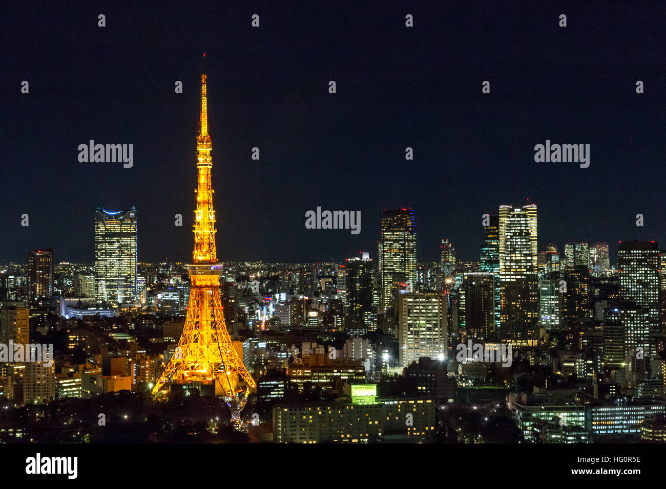 Tokyo, Japan - December 18, 2014: Night view of the skyline with Tokyo Tower taken from the World Trade Center Stock Photo