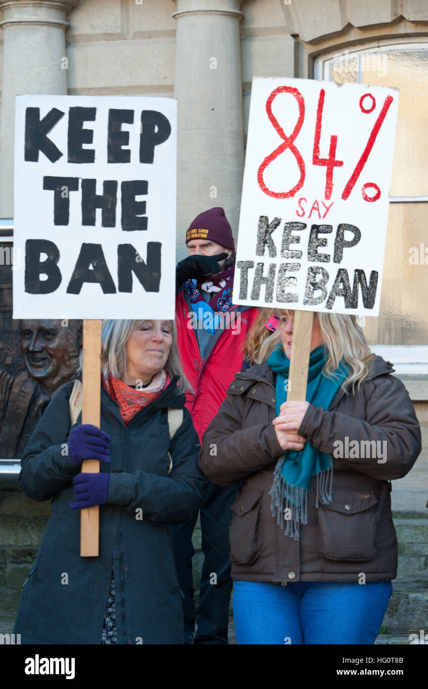 Carmarthen, Carmarthenshire, Wales, UK. 2nd January, 2016. Anti-Bloodsport activists gather in the Welsh town of Carmarthen to voice their anger at the continued illegal hunting with dogs - hunting with dogs was made illegal in 2004 by The Hunting Act 2004 (c37). The Anti-Hunt protest takes place on the day that the Carmarthenshire Hunt have chosen to parade through the town to collect money and support for their blood-sports. © Graham M. Lawrence/Alamy Live News. Stock Photo