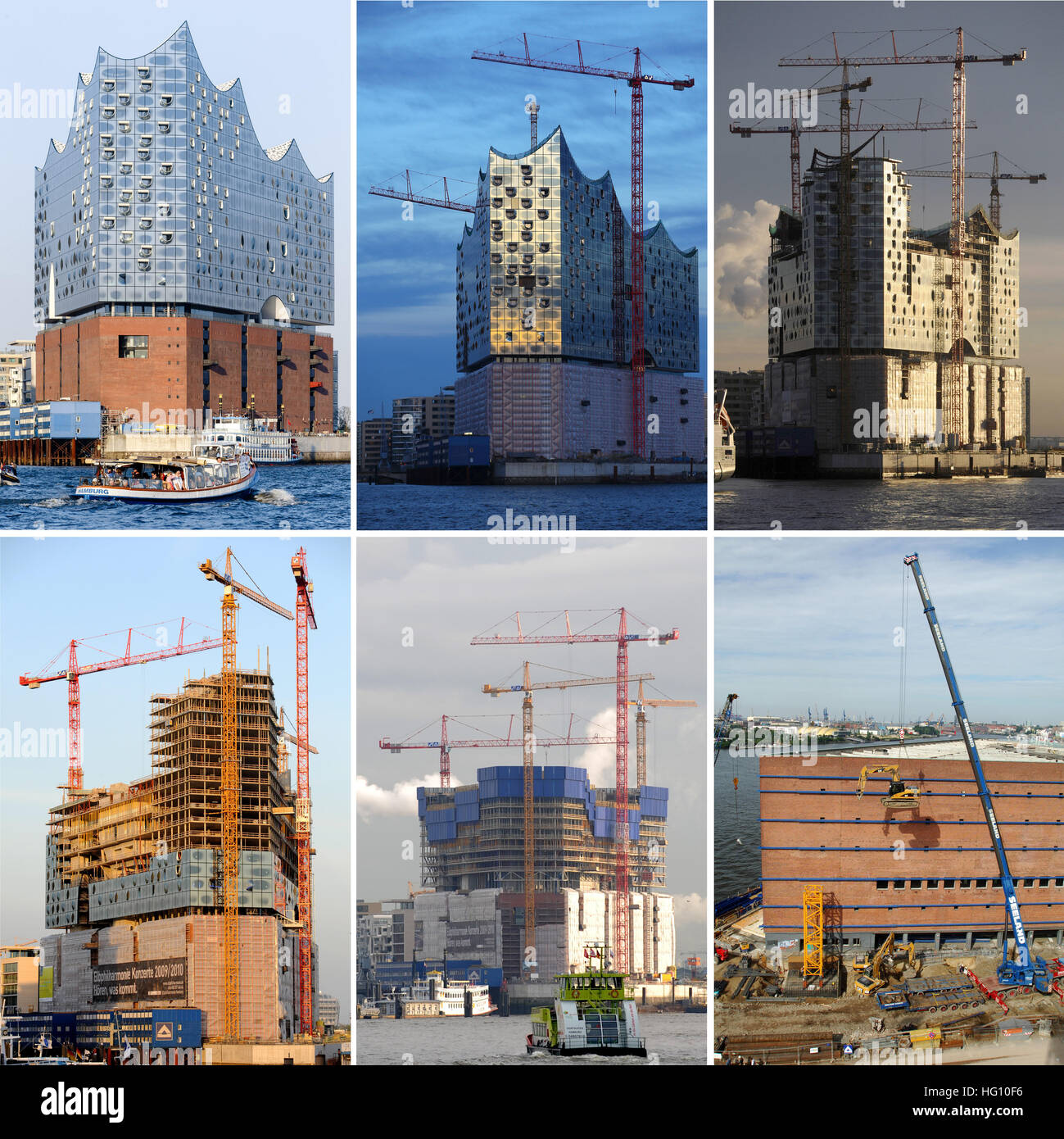 Hamburg, Germany. 07th May, 2016. ARCHIVE - A series of archival images show the construction of the Elbe Philharmonic Hall in Hamburg, Germany. From bottom right to left: the images are dated 2007, 2009, 2010, 2010, 2014, 2016. The Hanseatic harbour city's concert hall is due to be opened on the 11 January 2017. Photo: dpa/Alamy Live News Stock Photo