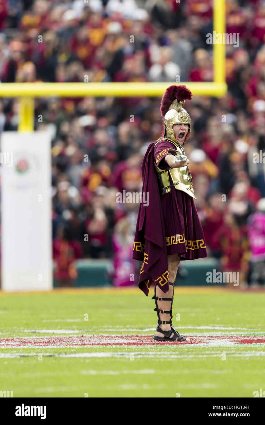 January 2, 2017 - California, USA -   USC Trojan mascot Tommy Trojan pumps us the crowd before the Rose Bowl Game between Penn State Nittany Lions and University of Southern California Trojans at Rose Bowl Stadium in Pasadena, California.  USC won 52-49. (Credit Image: © Scott Taetsch via ZUMA Wire) Stock Photo
