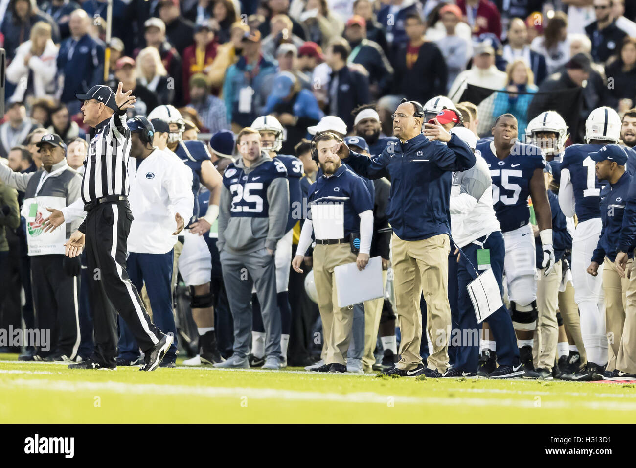 California, USA. 2nd Jan, 2017.  Penn State head coach James Franklin not happy with a call in the second half during the Rose Bowl Game between Penn State Nittany Lions and University of Southern California Trojans at Rose Bowl Stadium in Pasadena, California. USC won 52-49. © Scott Taetsch/ZUMA Wire/Alamy Live News Stock Photo