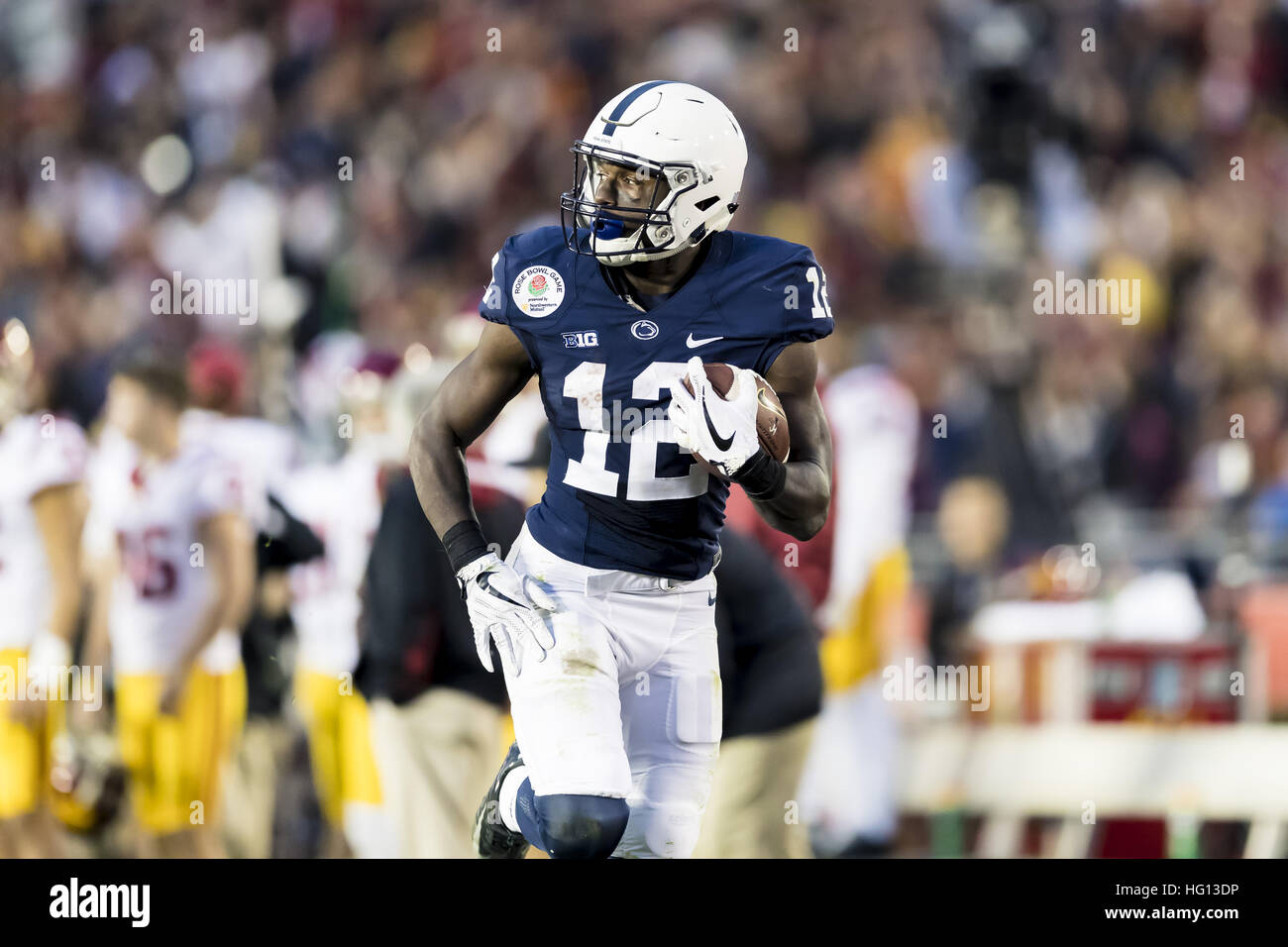 California, USA. 2nd Jan, 2017.  Penn State wide receiver Chris Godwin (12) with an amazing touchdown reception over USC defensive back Iman Marshall (8) in the second half during the Rose Bowl Game between Penn State Nittany Lions and University of Southern California Trojans at Rose Bowl Stadium in Pasadena, California. USC won 52-49. © Scott Taetsch/ZUMA Wire/Alamy Live News Stock Photo