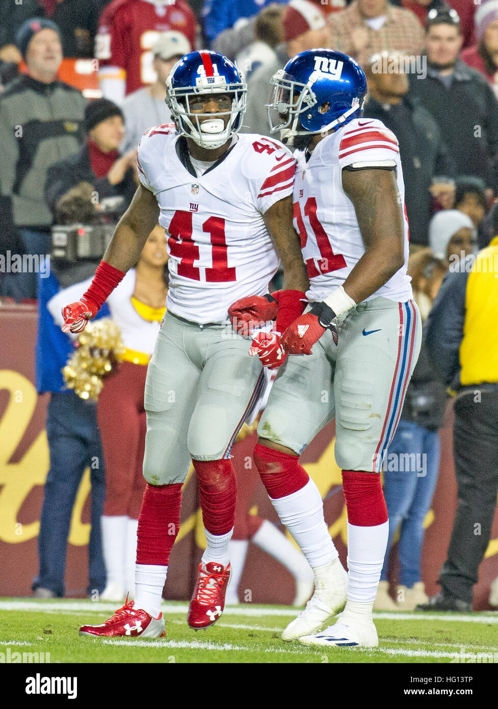 New York Giants cornerback Dominique Rodgers-Cromartie (41) celebrates the  first of his two second-half interceptions against the Washington Redskins  at FedEx Field in Landover, Maryland on Sunday, January 1, 2017. The Giants