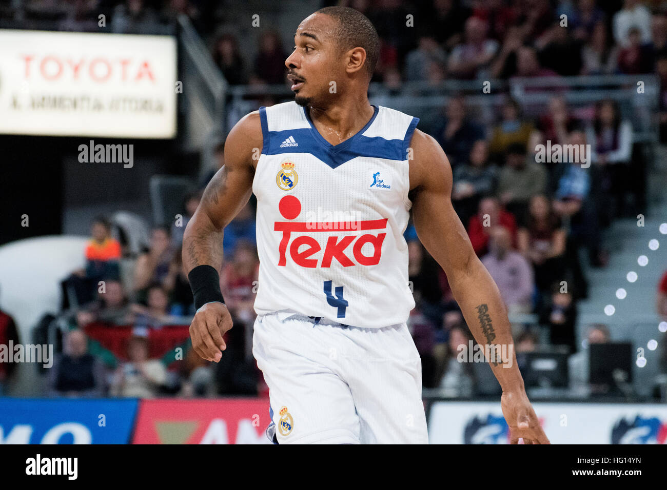 Vitoria, Spain. 3rd January, 2017. Dontaye Draper (Point Guard, Real  Madrid) in action during the basketball match of Season 2016/2017 of  Spanish league 'Liga ACB' between Saski Baskonia and Real Madrid at