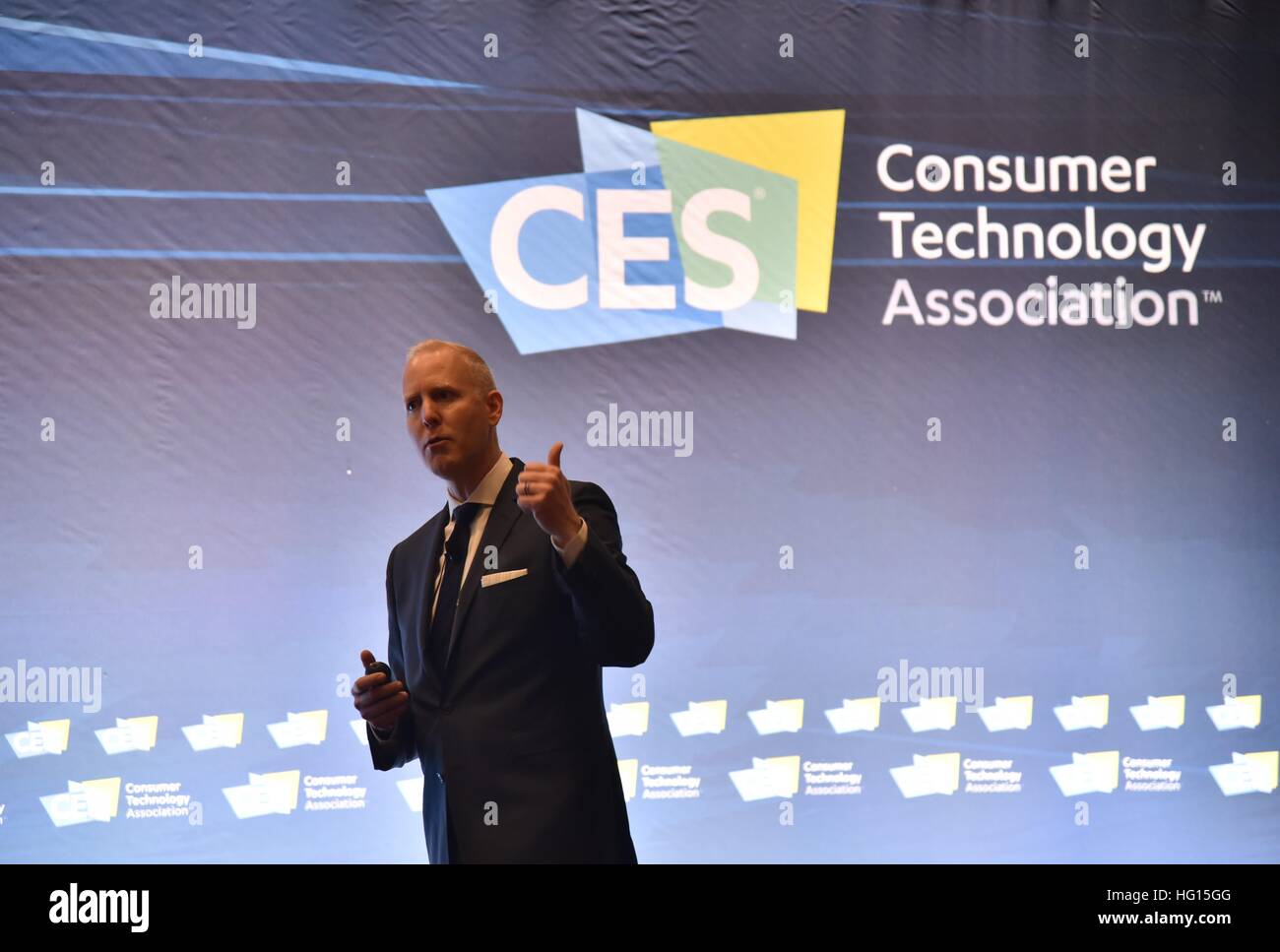 Las Vegas, Nevada, USA, 3rd January, 2017.  Steve Koenig, Senior Director of Market Research of the Consumer Technology Association, giving a presentation, “Exploring the Global Consumer Tech Industry,” just before 'CES Unveiled,' a media preview event for the CES (Consumer Electronics Show). CES, the world's largest annual consumer electronics trade show, runs from January 5-8 and is expected to feature 3,800 exhibitors showing off their latest services and products to more than 165,000 attendees representing more than 150 countries.  John D. Ivanko/Alamy Live News Stock Photo