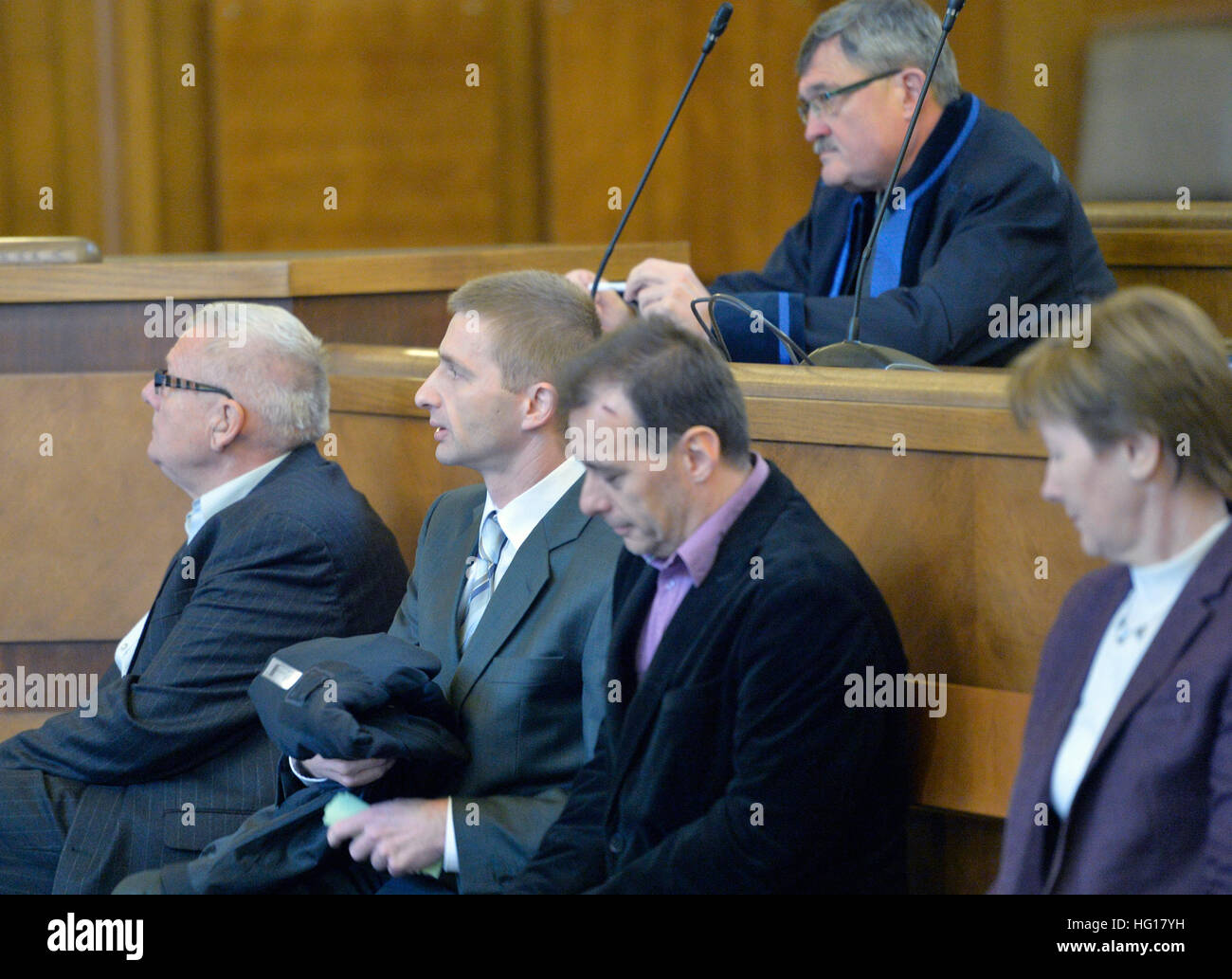 The acquittal of three senior civil servants from the Czech EU presidency section took effect, the Prague High Court ruled today, on Wednesday, January 4, 2017, but it upheld prison terms for all seven accused businesspeople in the Promopro corruption case. The appeals court stiffened the punishment for businessman Vaclav Cada who originally only received a suspended sentence. Cada will spend three years and six months in prison. The rest of the defendants were given five to nine-year prison sentences (Ivan Komarek, the second from left, and Radek Muller, the third from left). Former Promopro Stock Photo