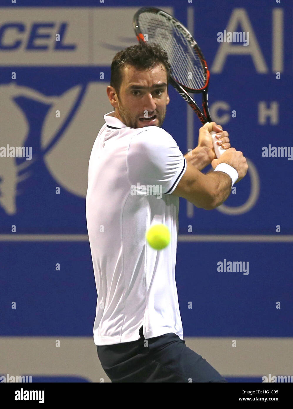 Chennai, India. 4th Jan, 2017. Merin Cilic ( CRO). Playing a shot against J. Kovalik (SVK) Merin Ciliclost the match to J. Kovalik by 7-6, 5-7, 7-5 Tie Break 5. © Seshadri SUKUMAR/Alamy Live News Stock Photo