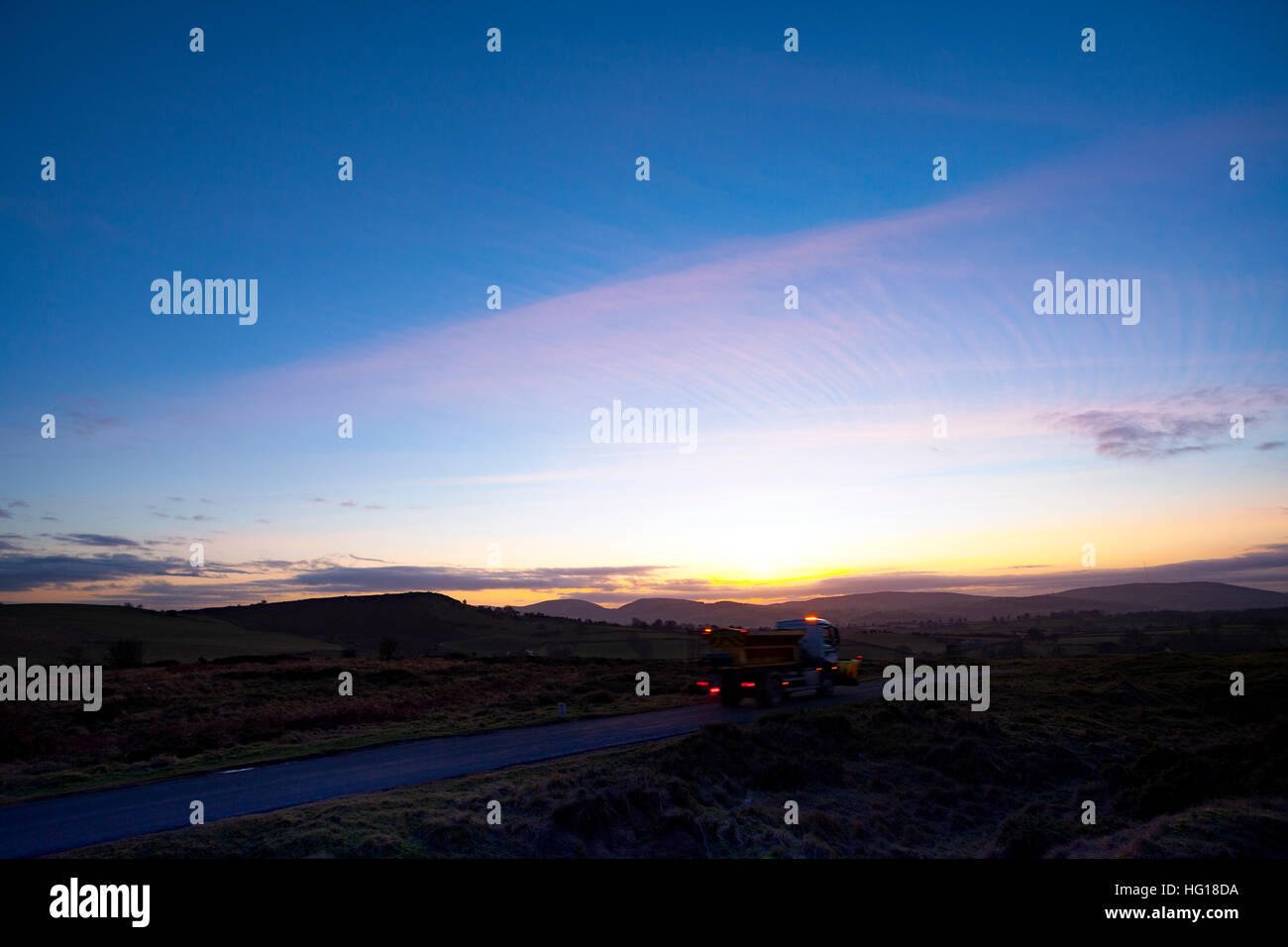 A Flintshire gritting vehicle passes over Halkyn Mountain with the ...