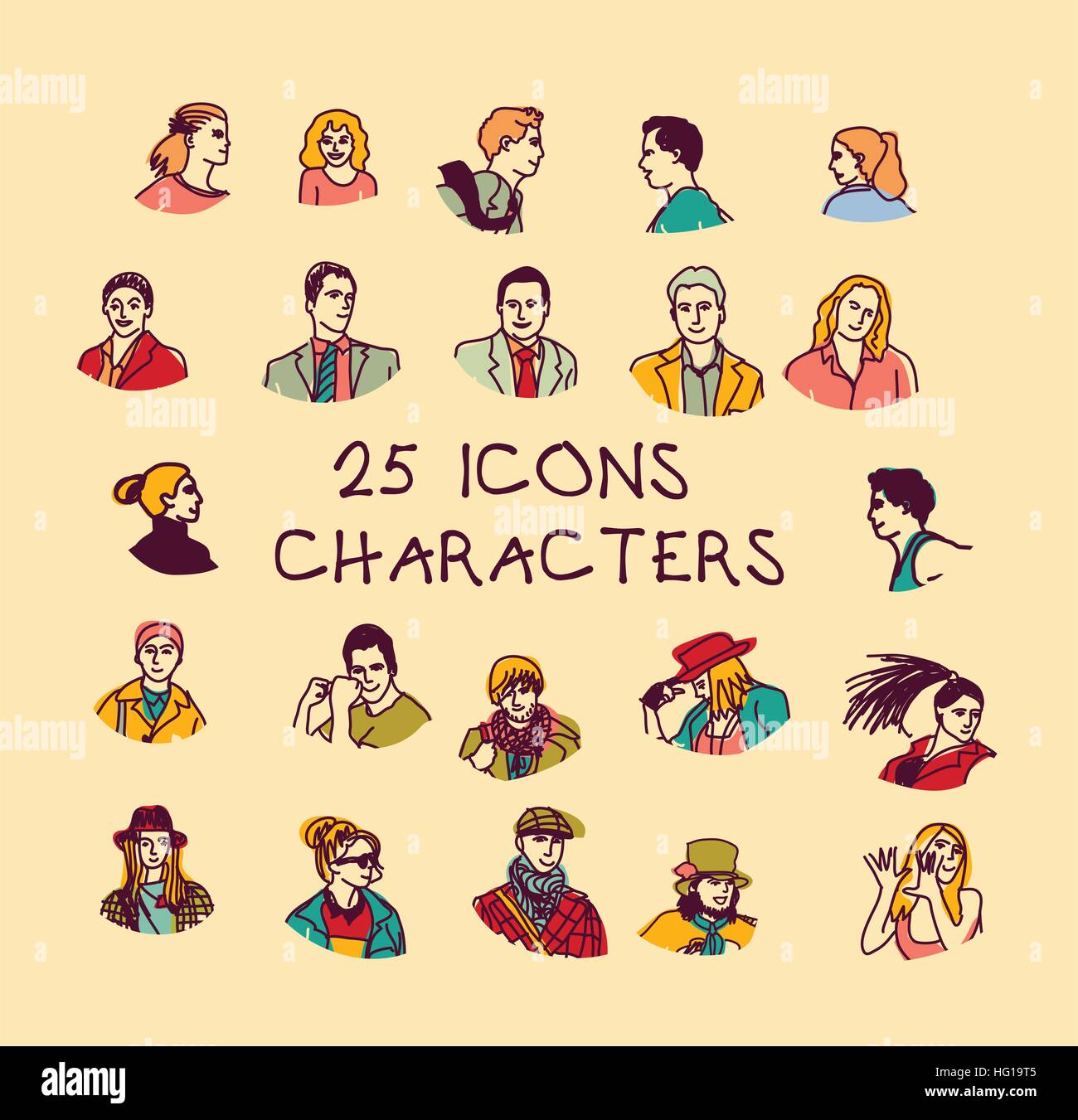 Set colors people icons characters. Stock Vector