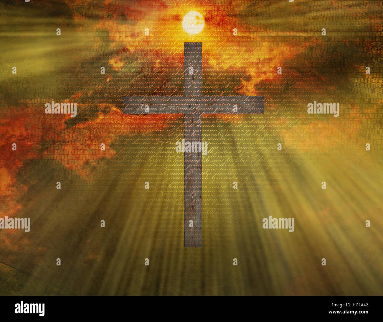 Cross hangs in air with Latin text Stock Photo