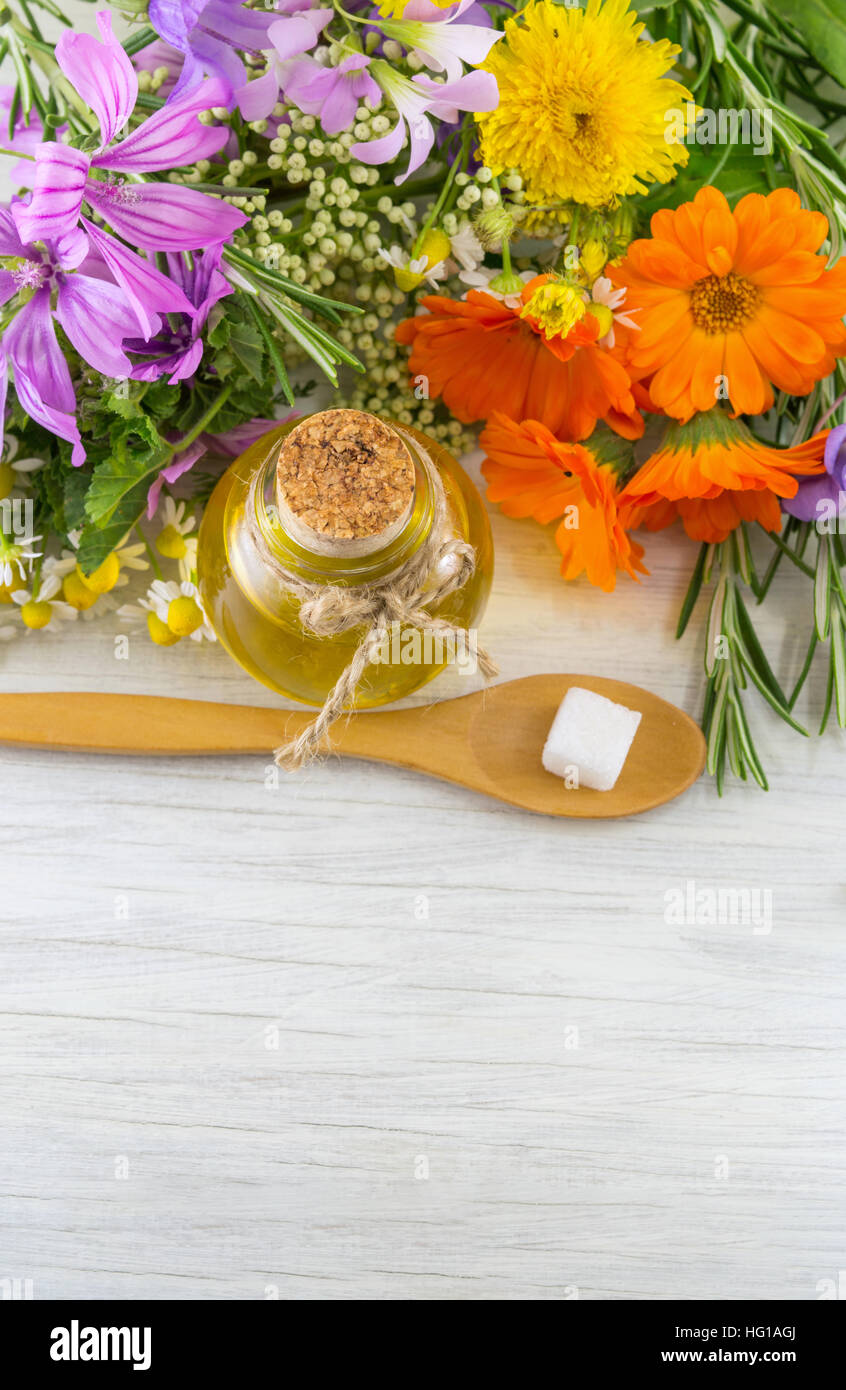 Various flowers and essential oil in a bottle Stock Photo