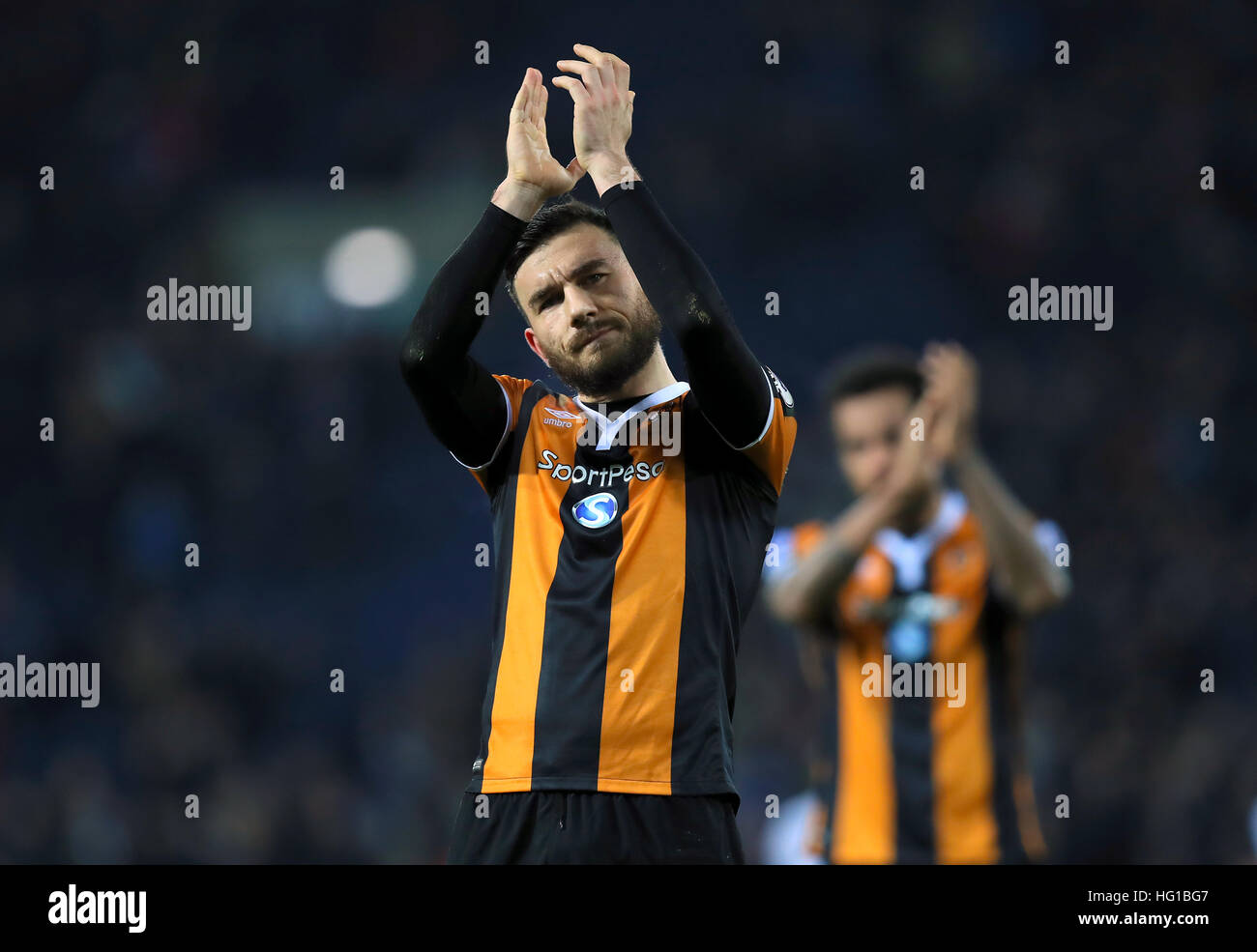 Hull City's Robert Snodgrass applauds the fans after the final whistle of the Premier League match at the The Hawthorns, West Bromwich. Stock Photo