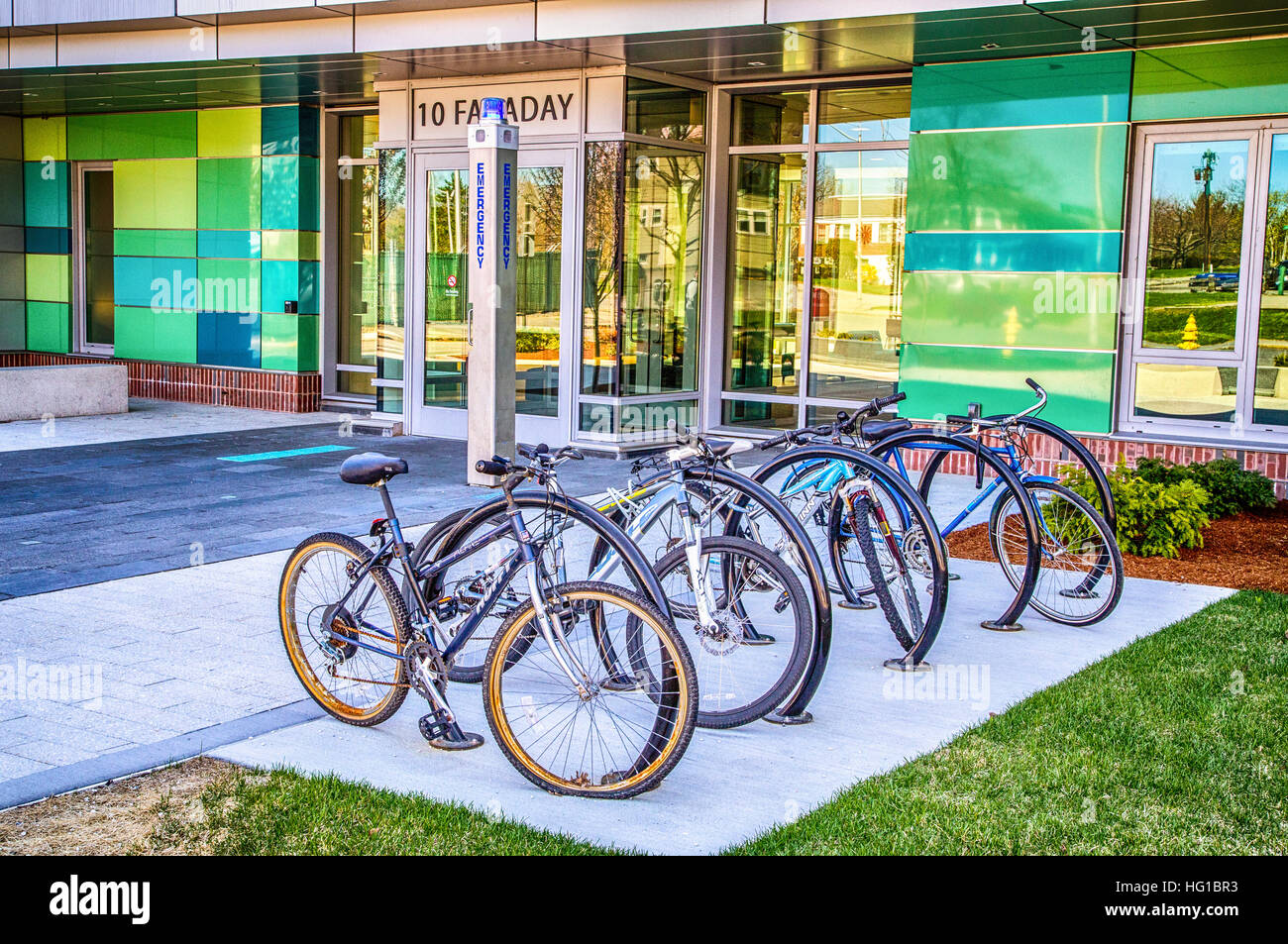 Bicycles outside of a WPI dormitory in Worcester, Massachusetts Stock Photo