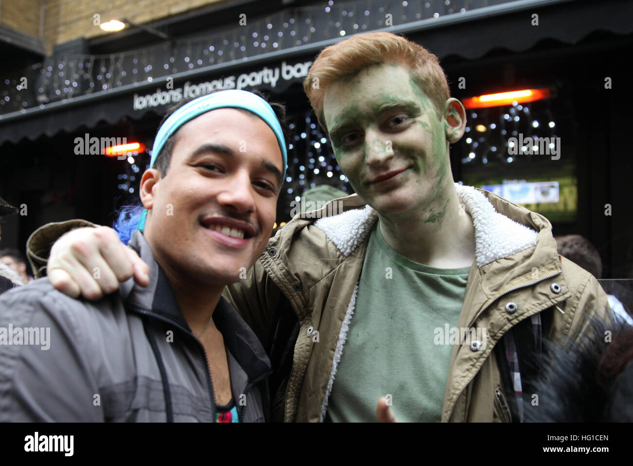 People in fancy dress outside Zoo Bar & Club in Leicester Square
