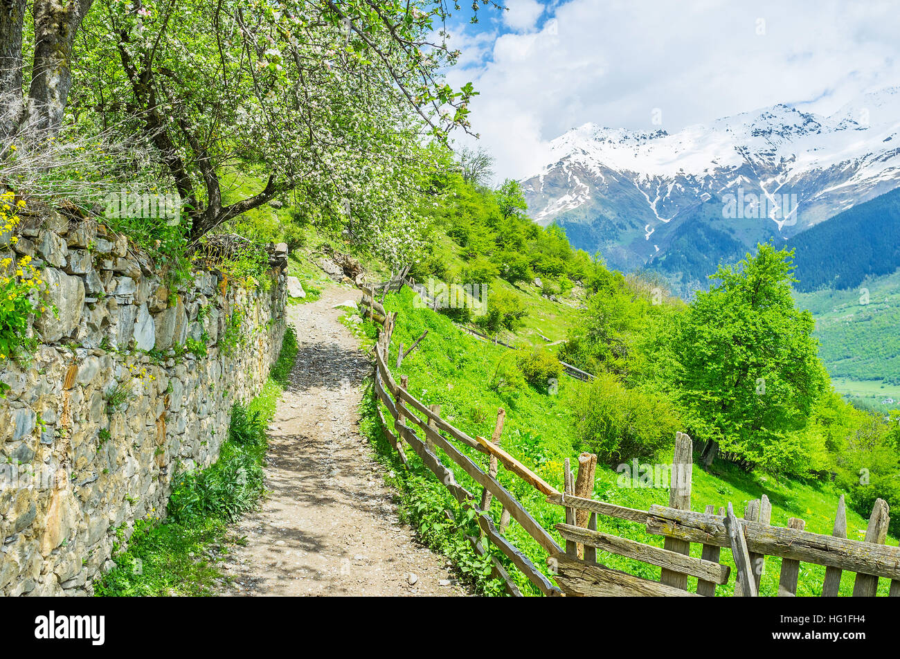 The rural view with the narrow footpath on the hilly area with the