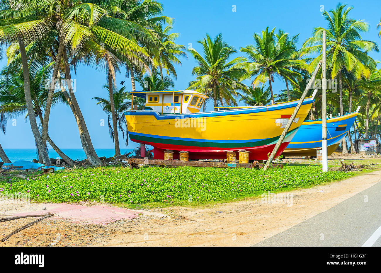 The large painted fishing boats are drying at the road, in shade of palms, Peraliya, Sri Lanka. Stock Photo