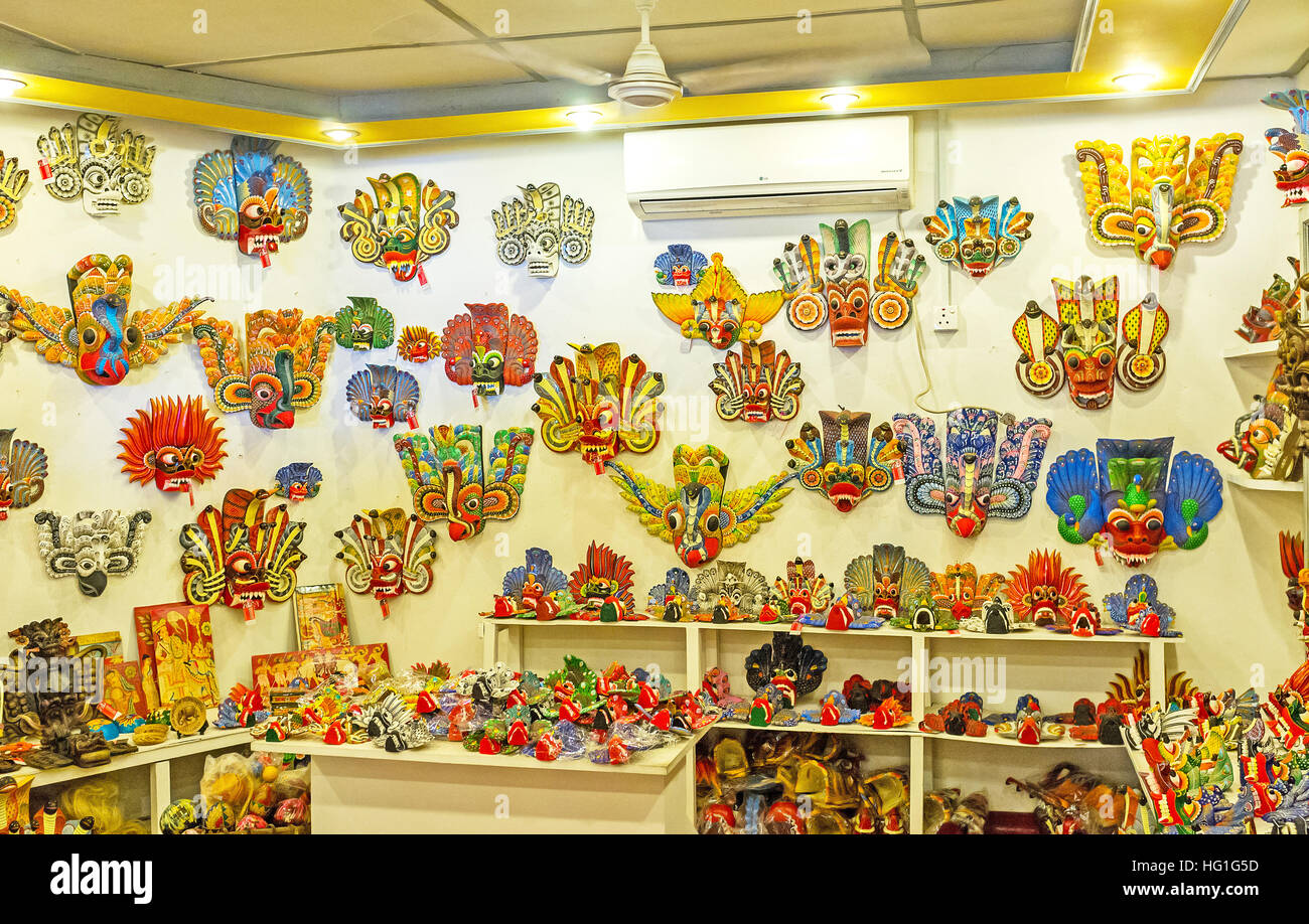 The traditional colorful wooden masks are the popular gifts from Sri Lanka Stock Photo