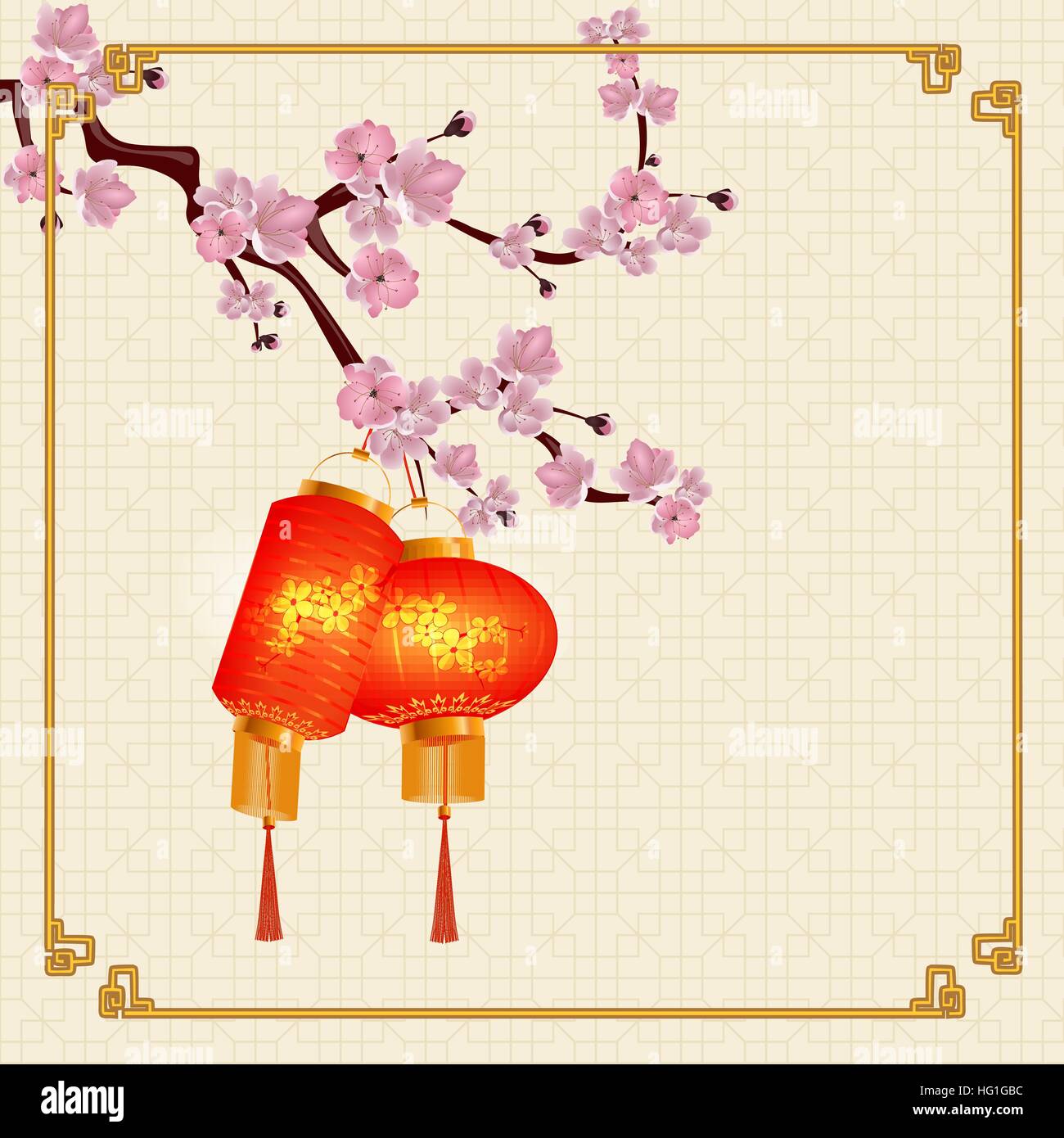 A set of orange-red Chinese lanterns on a branch of cherry blossoms. Round and cylindrical shape. The frame on paper texture background. illustration Stock Vector