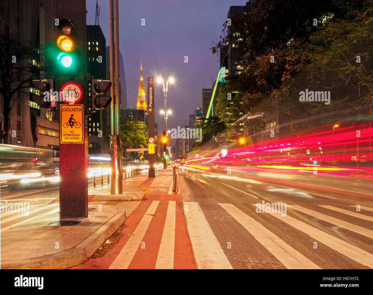 Brazil, State of Sao Paulo, City of Sao Paulo, Twilight view of the Paulista Avenue. Stock Photo