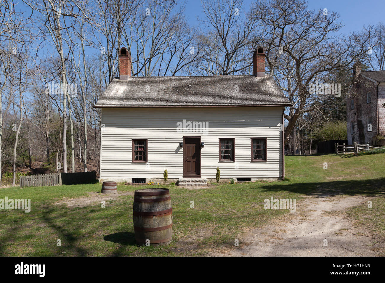 Color photographs of historic buildings at Allaire Village in Allaire
