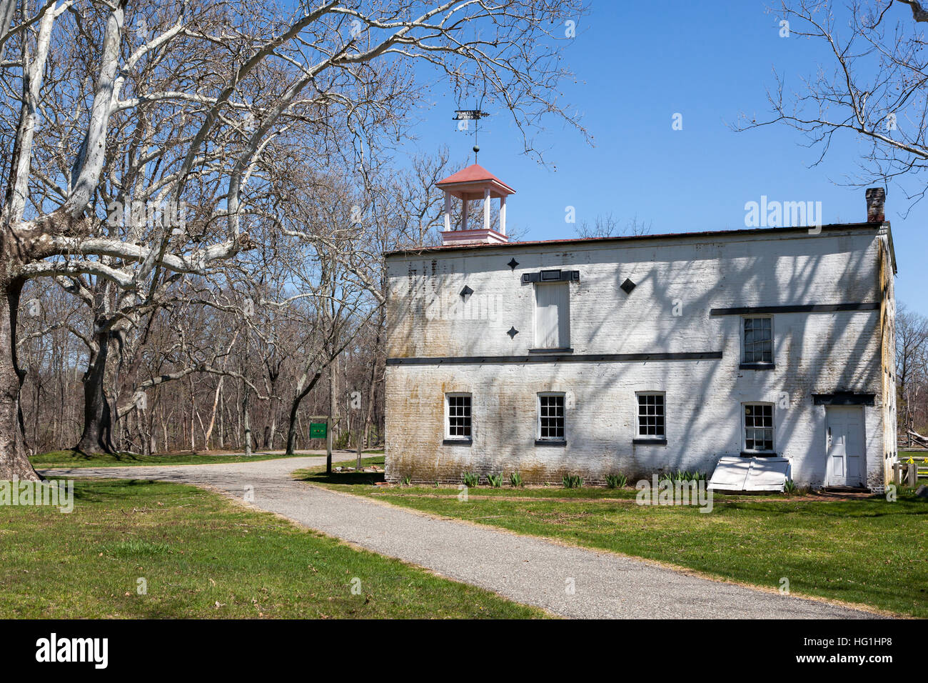 Color photographs of historic buildings at Allaire Village in Allaire
