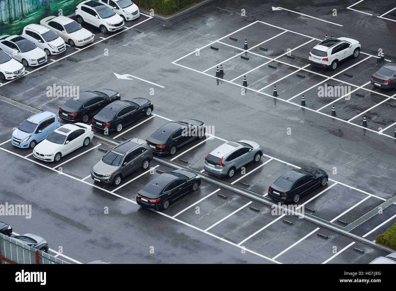 Outdoor Parking lot overlooked from high place in rainy day in Korea. Stock Photo