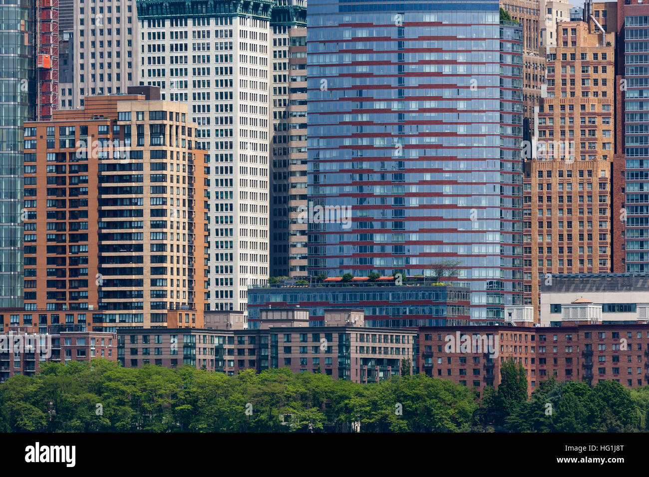 Windows and the patterns they form are seen on buildings facing the Hudson River in Lower Manhattan. Stock Photo