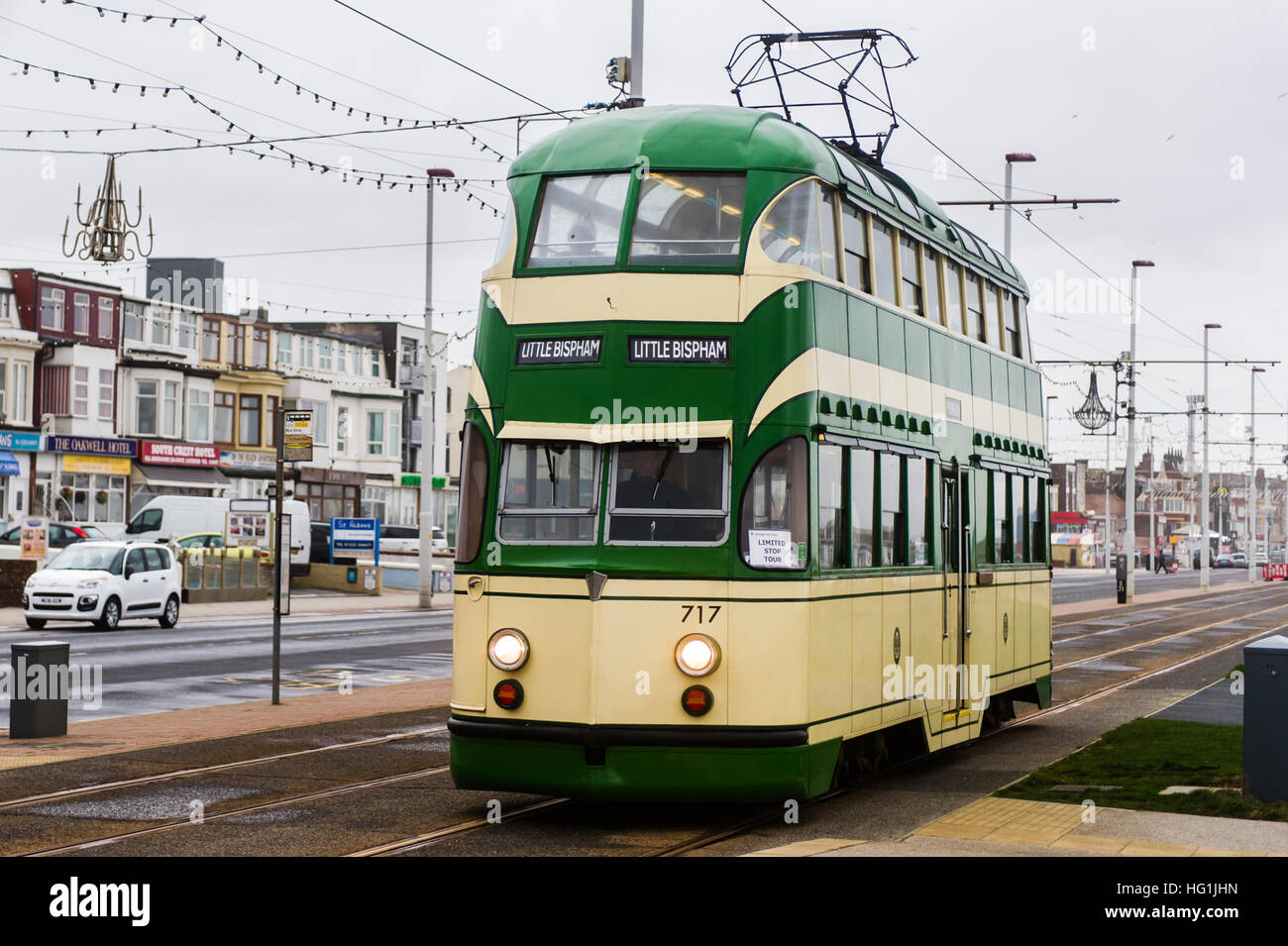 Blackpool Heritage 'Balloon' Tram 717 approaches St. Chads Road on a