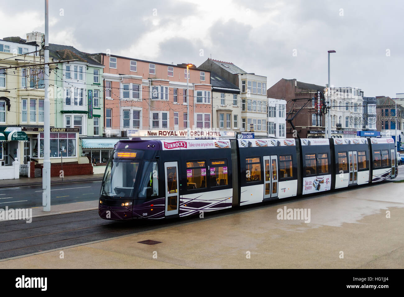 Flexitys tram number 006 runs along Blackpool Promenade, heading to Fleetwood from Starr Gate in Blackpool, Lancashire. Stock Photo