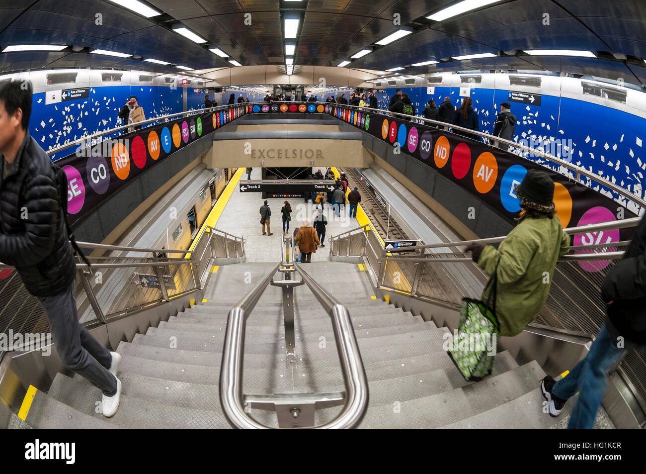New York, USA 1 January 2017 - After nearly a century of planning, the Second Avenue Subway finally opened to the public on New Years Day. Three new stations, at 72nd, 86th and 96th streets, plus an extension at East 63rd were added to the BMT and line at a cost og 4.4 billion dollars. The new state of the art subway line runs along BMT lines from East 96th St to Brighton Beach, Brooklyn. ©Stacy Walsh Rosenstock Stock Photo