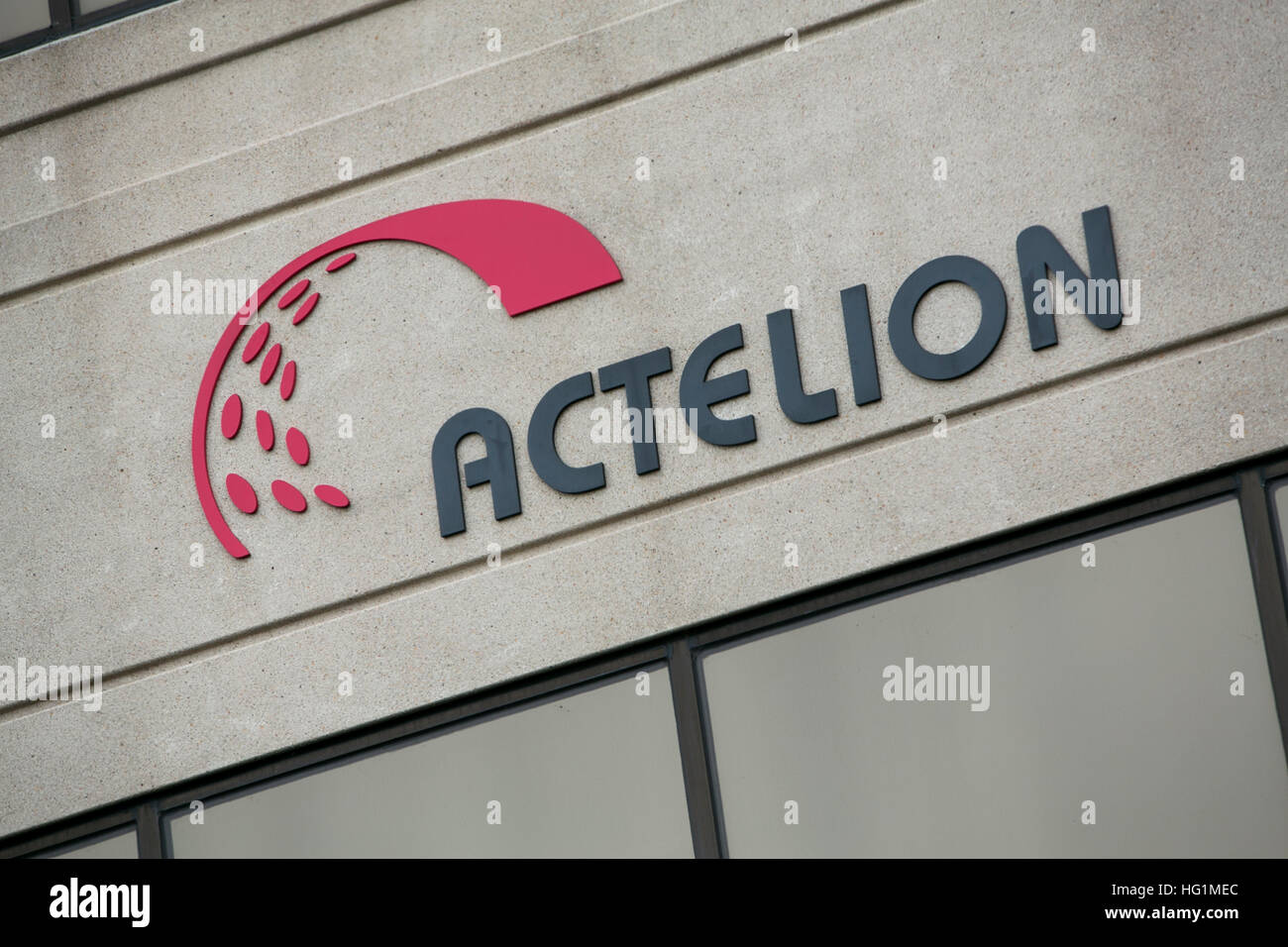 A logo sign outside of a facility occupied by Actelion Pharmaceuticals Ltd., in Cherry Hill, New Jersey on December 11, 2016. Stock Photo