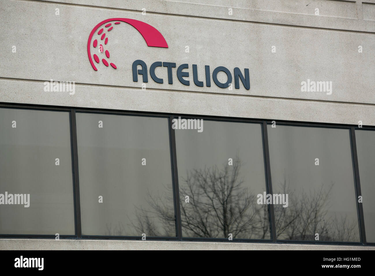 A logo sign outside of a facility occupied by Actelion Pharmaceuticals Ltd., in Cherry Hill, New Jersey on December 11, 2016. Stock Photo