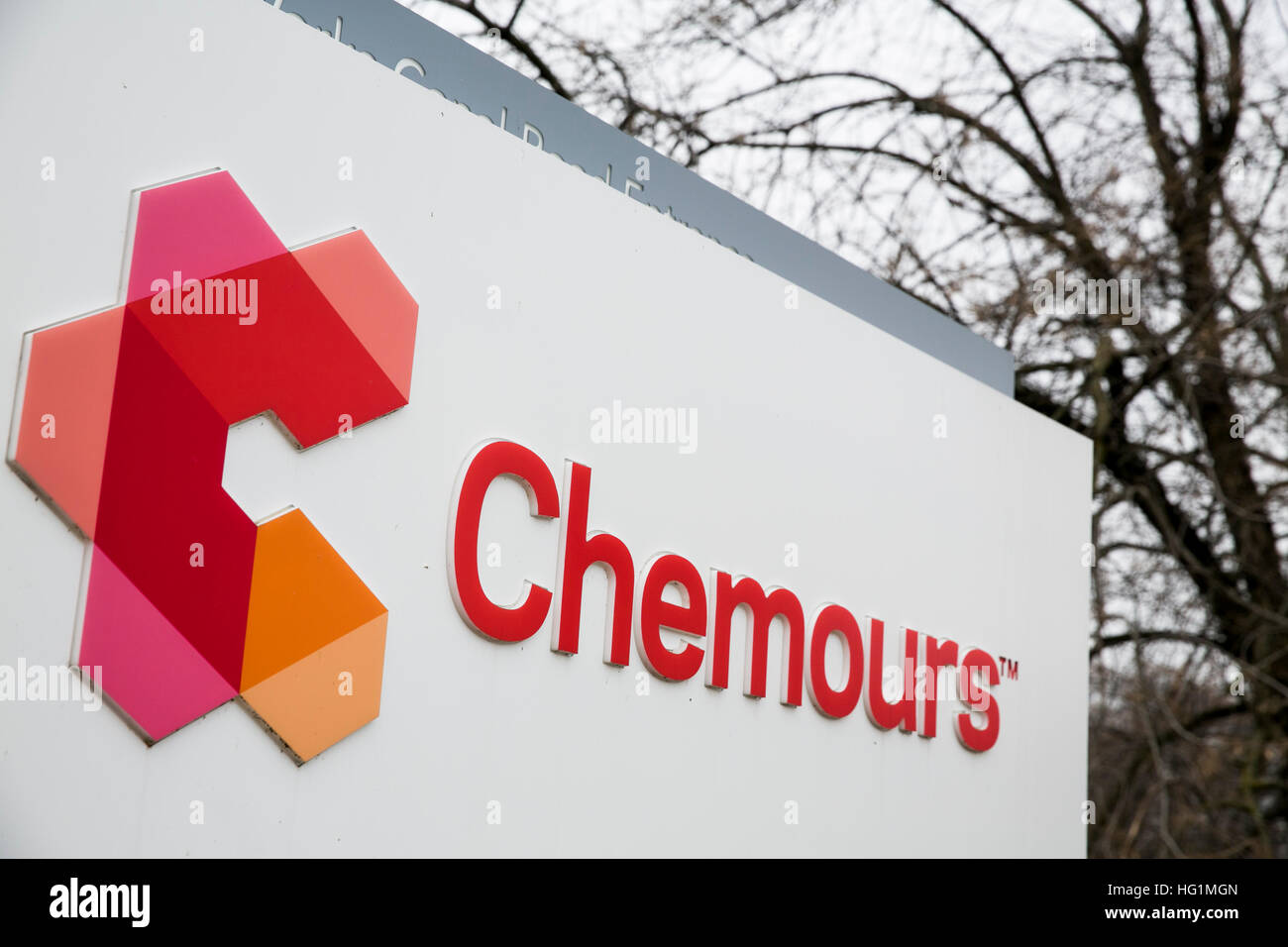 A logo sign outside of a facility occupied by The Chemours Company in