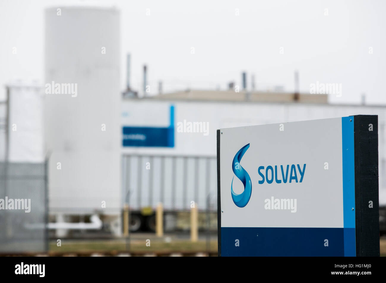 A logo sign outside of a facility occupied by Solvay in Havre De Grace ...