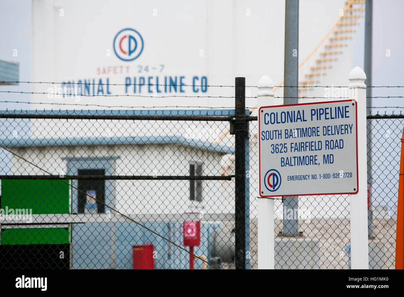 A logo sign outside of a Colonial Pipeline Company facility in Baltimore, Maryland on December 11, 2016. Stock Photo