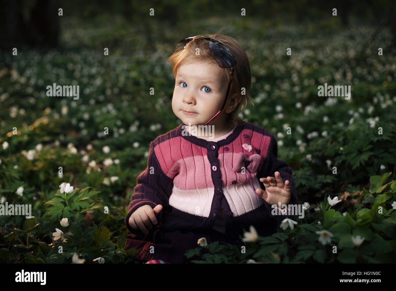 beautiful little girl in forest on flowers field Stock Photo - Alamy