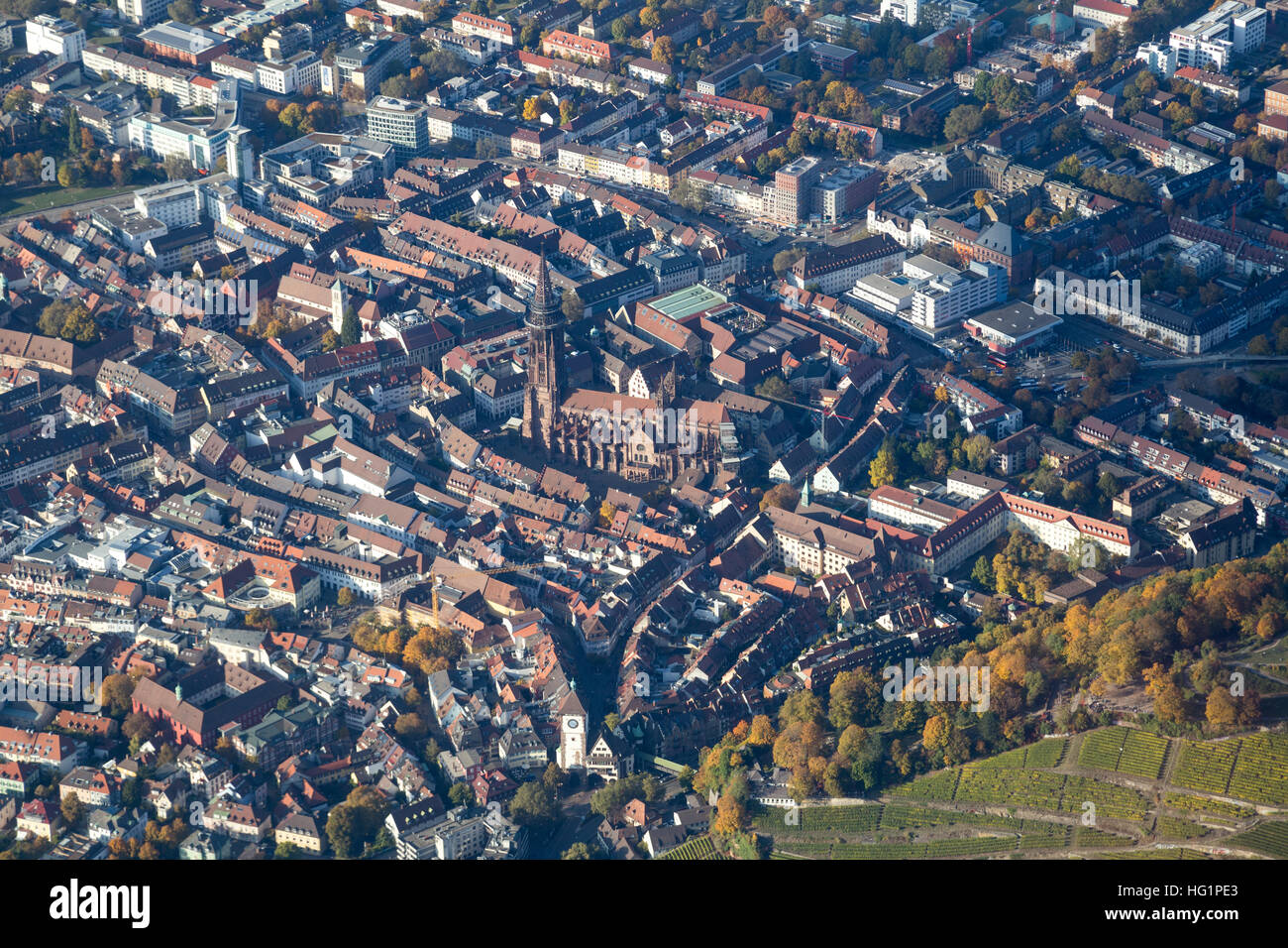 Aerial view of the city center in Freiburg Germany with the Minster Stock Photo