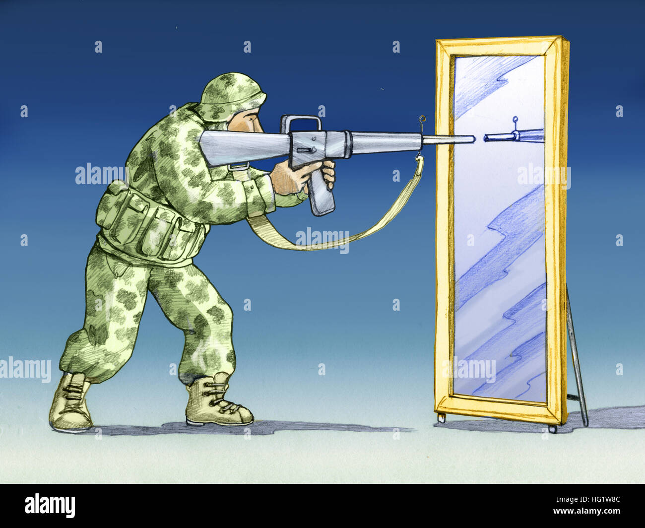 Soldier in front of a mirror ready to shoot symbolically the enemy is like us Stock Photo