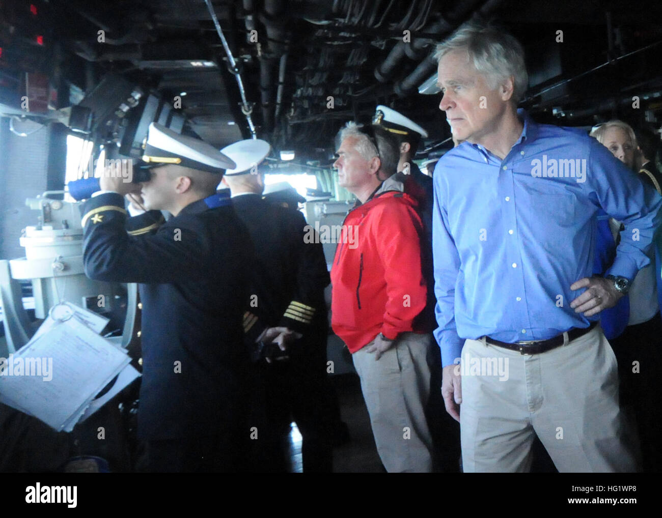 131206-N-ZO696-175 ATLANTIC OCEAN (Dec. 6, 2013)  U.S. Rep. Ander Crenshaw, from Florida,  tours the bridge of the amphibious transport dock ship USS New York (LPD 21) as the ship approaches Naval Station Mayport, the ship's new homeport. The homeport change is part of a larger move of the Iwo Jima Amphibious Ready Group homeport change in support of strategic dispersal and two viable East Coast surface ship homeports as well as the preservation of the ship repair industrial base in those areas. (U.S. Navy photo by Mass Communication Specialist 1st Class Phil Beaufort/Released) USS New York to Stock Photo