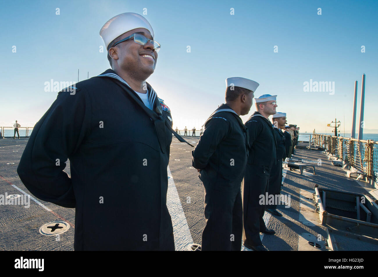 Sailors and Marines aboard the Whidbey Island-class amphibious dock ...