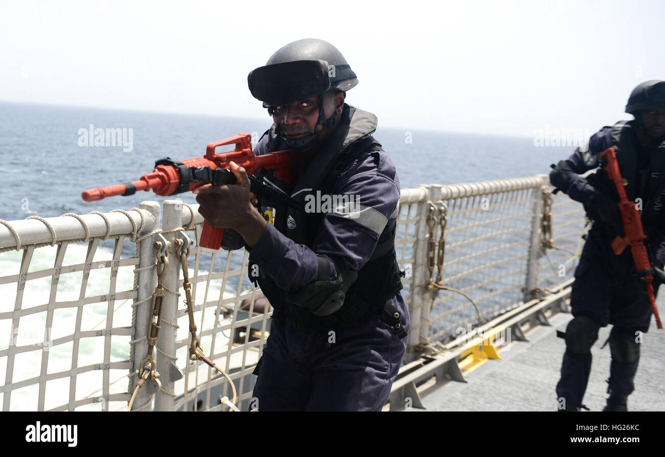 150424-N-RB579-159 ATLANTIC OCEAN (April 24, 2015) Members of the Senegalese military conduct visit, board, search and seizure training aboard the Military Sealift Command's joint high-speed vessel USNS Spearhead (JHSV 1) in support of Exercise Saharan Express 2015, April 24. Saharan Express is a U.S. Africa Command-sponsored multinational maritime exercise designed to increase maritime safety and security in the waters of West Africa. (U.S. Navy photo by Mass Communication Specialist 1st Class Joshua Davies/Released) USNS Spearhead (JHSV-1) 150424-N-RB579-159 Stock Photo