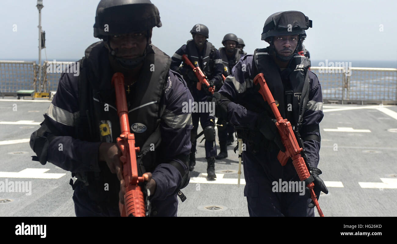 150424-N-RB579-161 ATLANTIC OCEAN (April 24, 2015) Members of the Senegalese military conduct visit, board, search and seizure training aboard the Military Sealift Command's joint high-speed vessel USNS Spearhead (JHSV 1) in support of Exercise Saharan Express 2015, April 24. Saharan Express is a U.S. Africa Command-sponsored multinational maritime exercise designed to increase maritime safety and security in the waters of West Africa. (U.S. Navy photo by Mass Communication Specialist 1st Class Joshua Davies/Released) USNS Spearhead (JHSV-1) 150424-N-RB579-161 Stock Photo