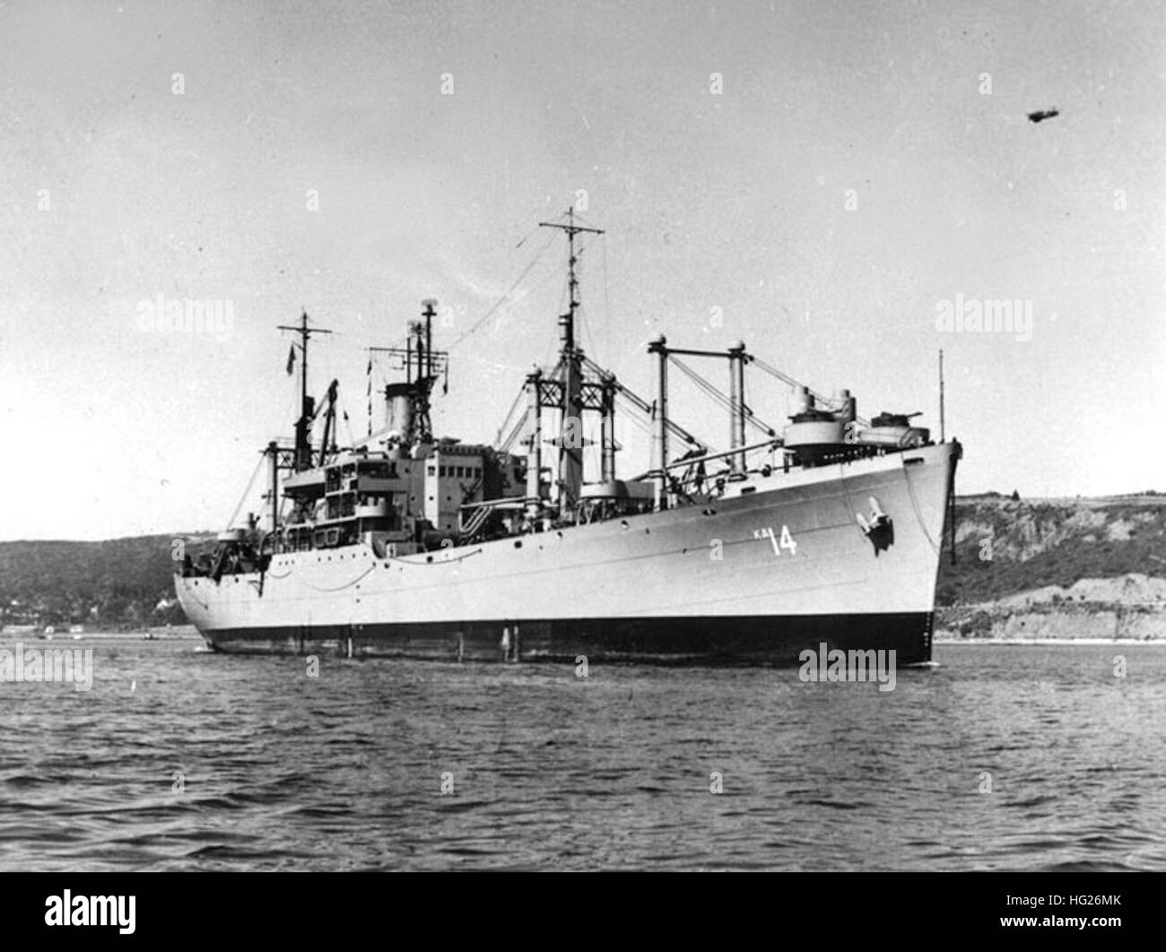 USS Oberon (AKA-14)  Photographed circa the late 1940s or early 1950s, probably while entering San Diego Harbor, California.  Official U.S. Navy Photograph, from the collections of the Naval Historical Center. USS Oberon (AKA-14) underway c1950 Stock Photo