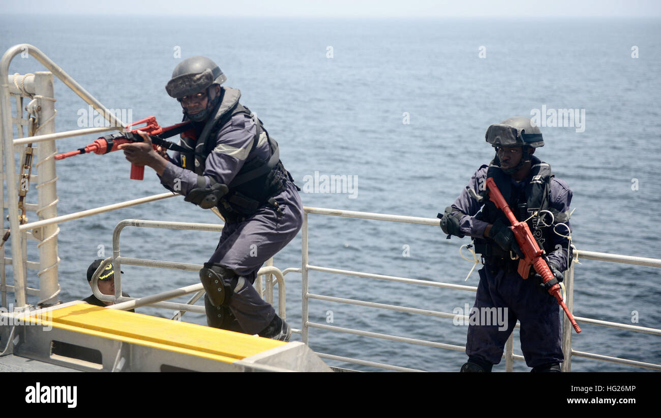 150425-N-RB579-005 ATLANTIC OCEAN (April 25, 2015) Members of the Senegalese military conduct visit, board, search and seizure training embark the Military Sealift Command's joint high-speed vessel USNS Spearhead (JHSV 1) during Exercise Saharan Express 2015, April 25. Saharan Express is a U.S. Africa Command-sponsored multinational maritime exercise designed to increase maritime safety and security of the waters of West Africa. (U.S. Navy photo by Mass Communication Specialist 1st Class Joshua Davies/Released) USNS Spearhead (JHSV-1) 150425-N-RB579-005 Stock Photo