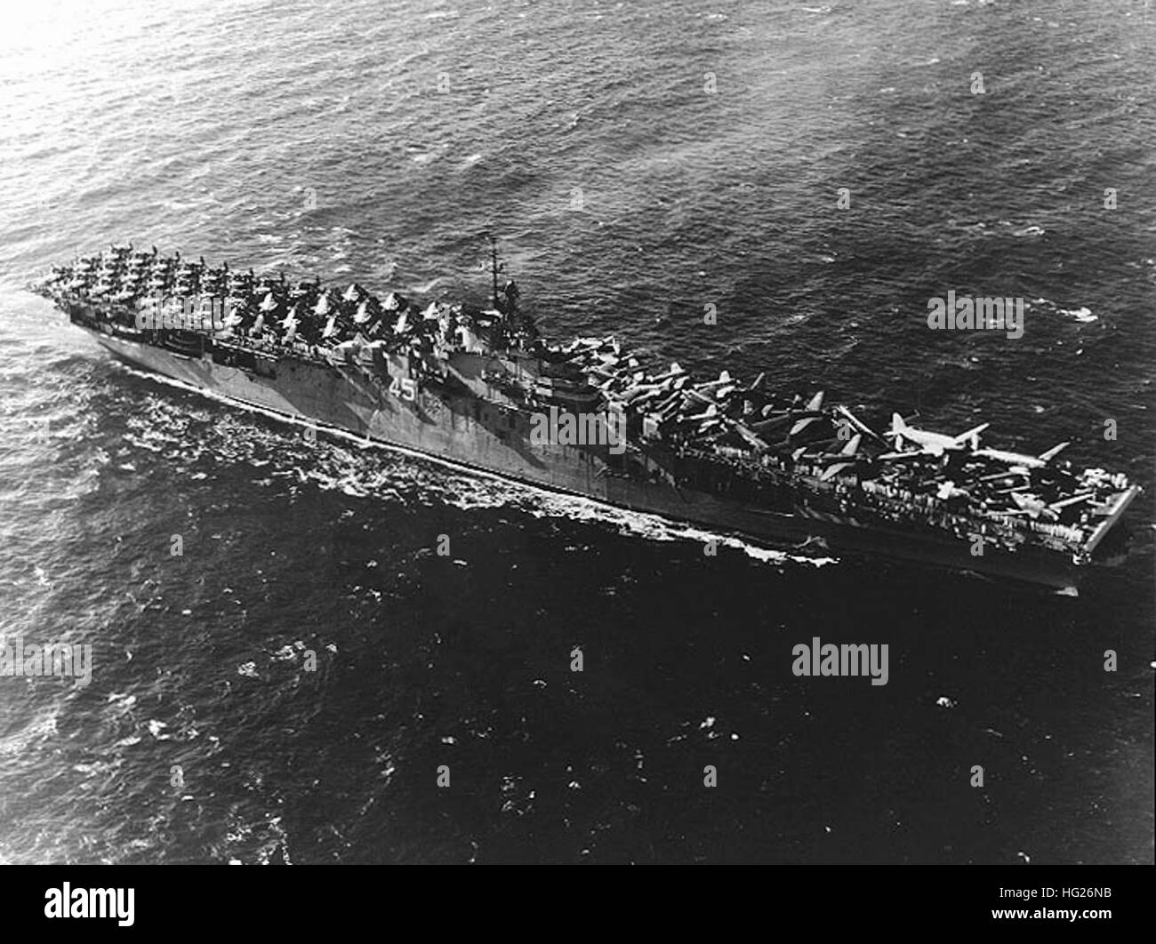 USS Valley (CV45) underway at sea, while transporting aircraft