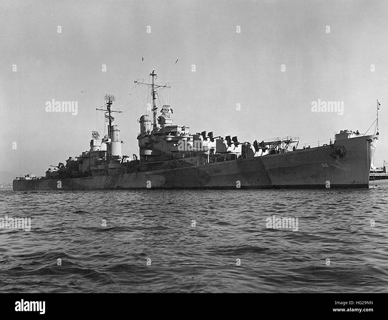 USS Reno (CL-96), probably photographed in San Francisco Bay, California, at the time of her builder's trials, circa late 1943. Reno was constructed by the Bethlehem Steel Company's San Francisco shipyard. The company flag is flying from her jackstaff.  Official U.S. Navy Photograph, from the collections of the Naval History and Heritage Command. USS Reno (CL-96) in San Francisco Bay in late 1943 Stock Photo